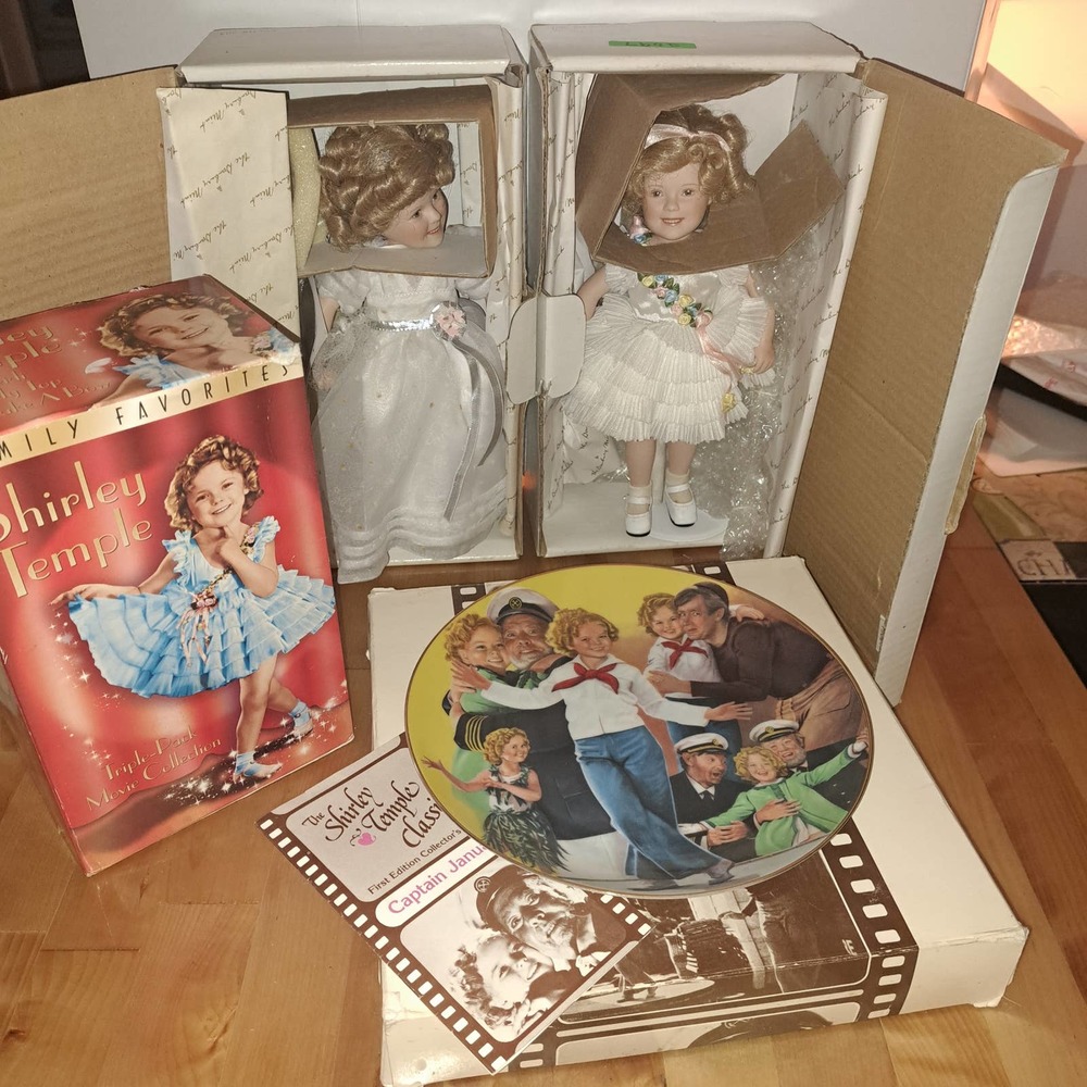 SHIRLET TEMPLE Collectors Pieces in Boxes 2 porcelain Dolls-Plate-VHS
